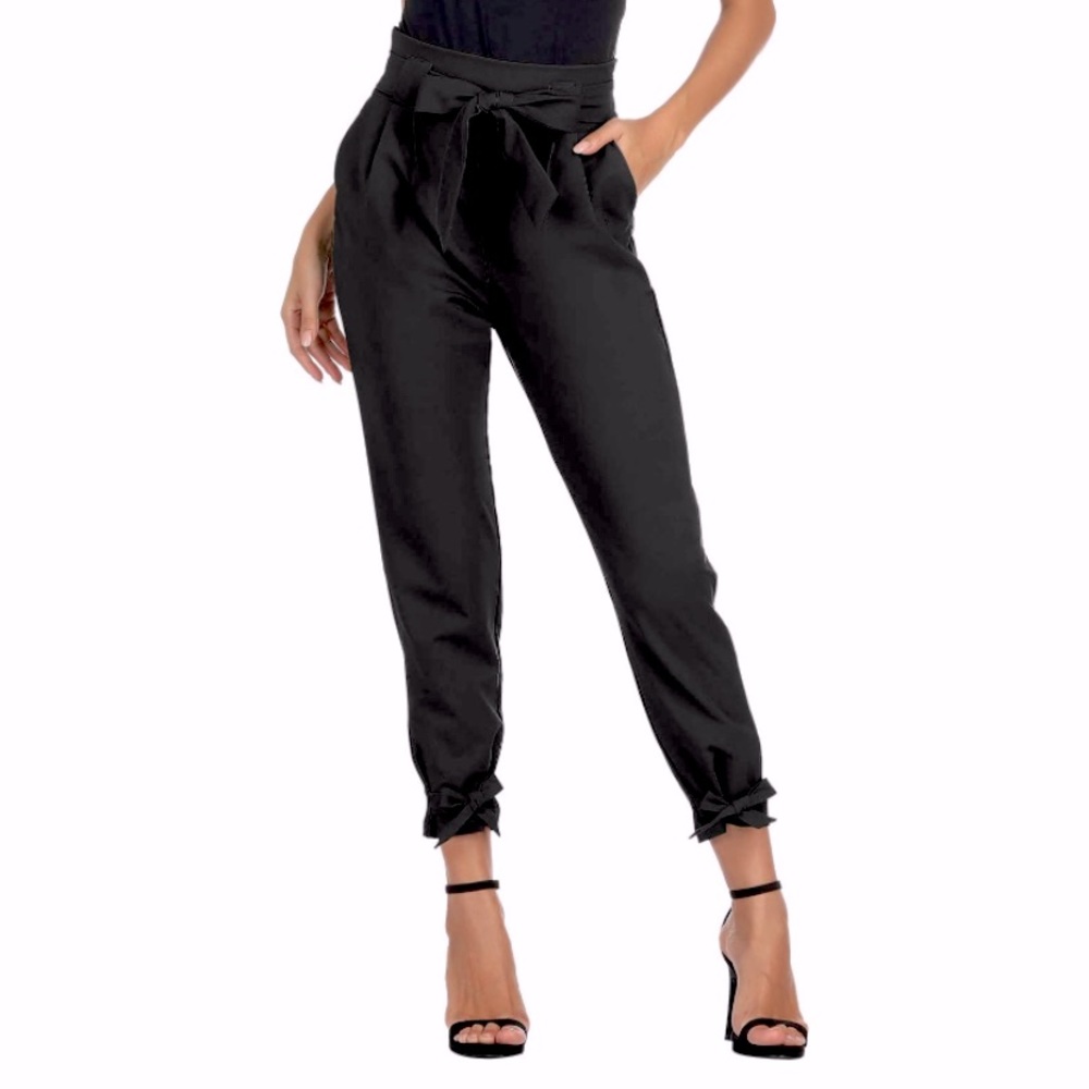 Grace Karin Black Casual High Waist Pencil Pants With Bow Knot & Pockets, Large